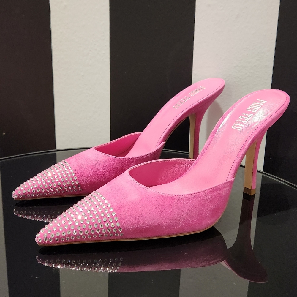 New Paris Texas Holly Cherry Embellished Pink Suede Mules Size 9 (US) 39 (EU) - Picture 1 of 7